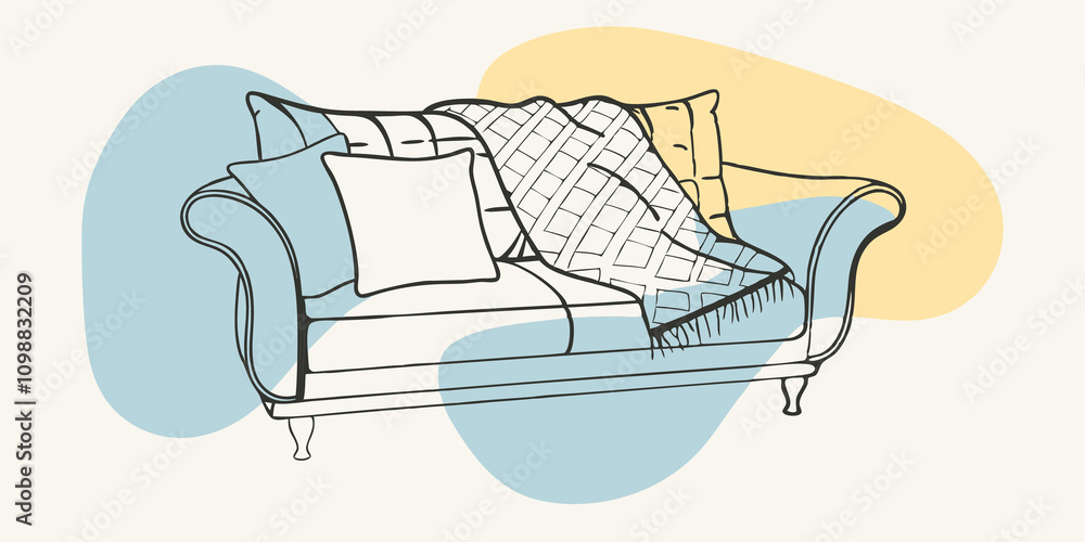 Aufkleber a chic vintagestyle couch displays a collection of round and rectangular pillows while a beautifully