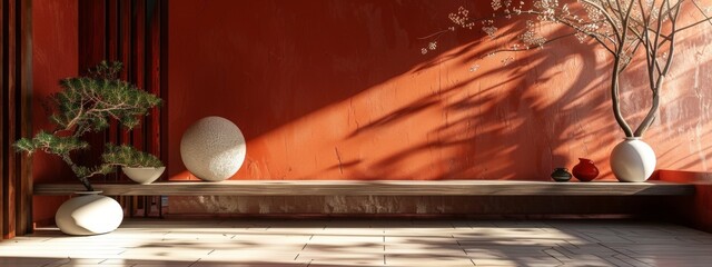Minimalist Japanese-inspired interior with bonsai trees and vases
