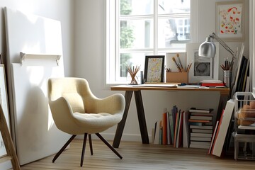 Fototapeta premium A cozy workspace featuring a chair, desk, and artistic supplies for creative endeavors.