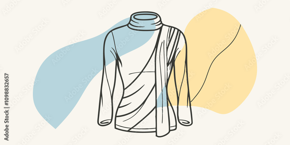 Poster A layered look highlighted by a fitted turtleneck sweater creating a sleek silhouette while an asymmetrical scarf adds dimension and a pop of color against the soft earthen