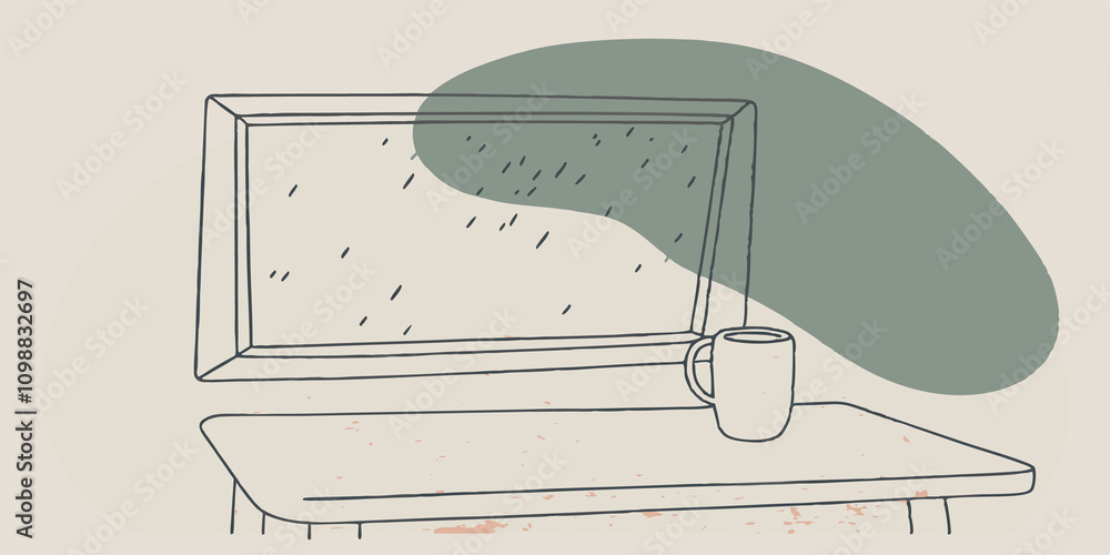 Poster A low coffee table supporting a rounded mug with condensation on the glass as rain dances on the window creating a serene oasis.