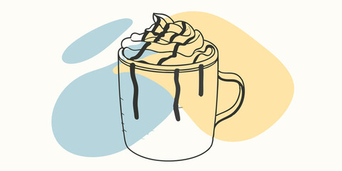 A rustic mug filled with creamy hot chocolate lavishly embellished with a dollop of fluffy cream complete with a drizzle of chocolate sauce.