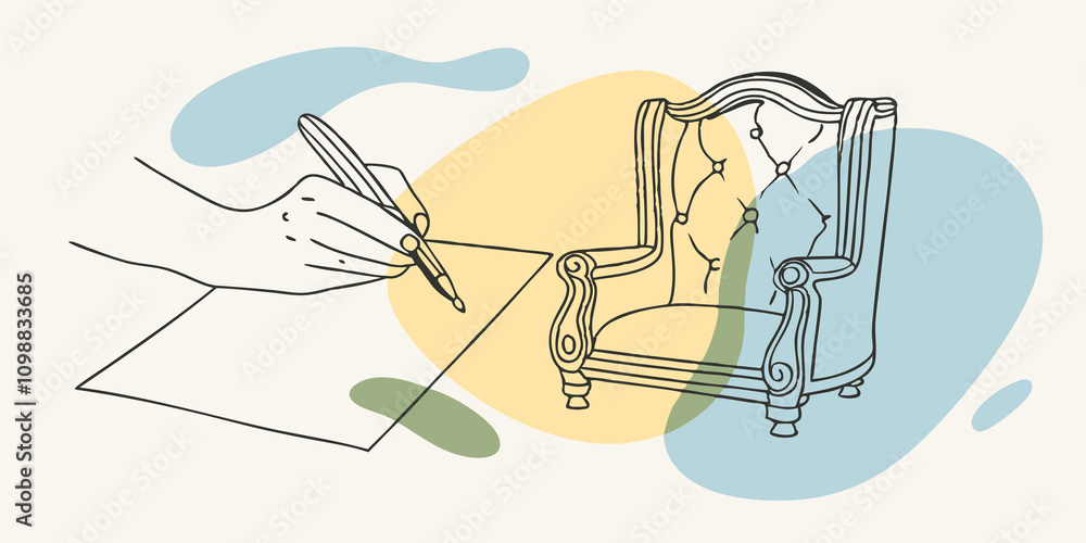 Aufkleber A vintage chair is occupied by someone deeply engaged in drawing their fingers deftly gliding over smooth paper shadows flickering around as light plays with surfaces and textures