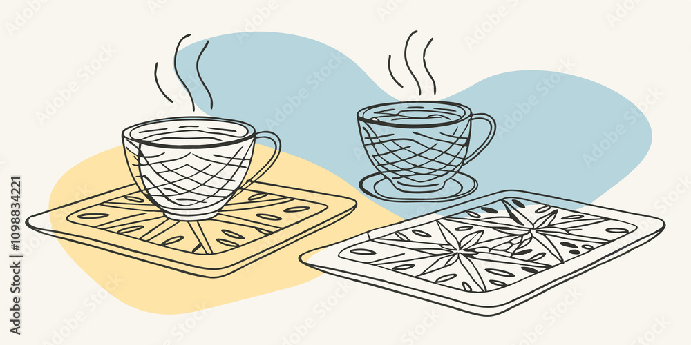 Poster decorative coasters rest beneath steaming teacups adding an artisanal touch to the inviting scene.