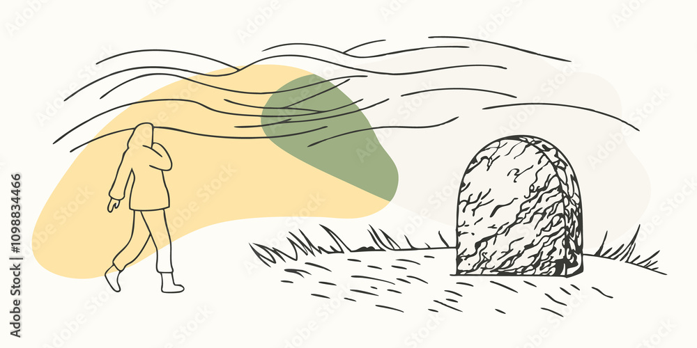 Poster enveloping warmth combats the bite in the air as the figure draws closer to a lone mosscovered stone