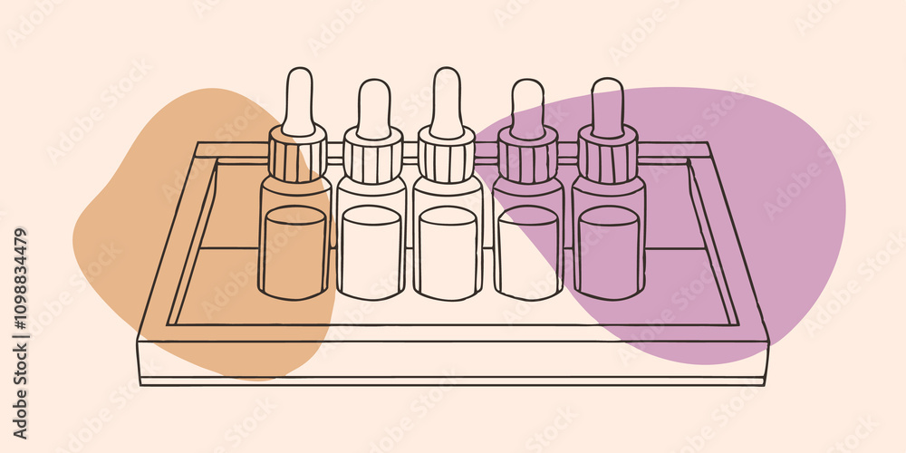 Poster essential oil bottles including chamomile and peppermint are arranged neatly ready for a fragrant ad