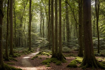 Obraz premium A peaceful forest scene with dense trees and a soft carpet of moss covering the ground. Small mushrooms are scattered throughout the forest floor, nestled among the fallen leaves and ferns.