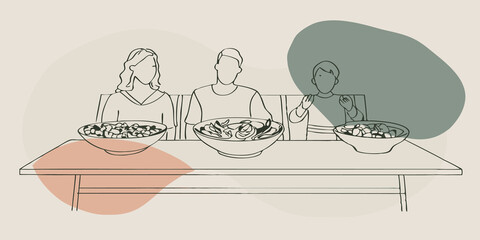 Fototapeta premium Family members seated closely together passing bowls of vibrant vegetables and fragrant meats the air rich with delightful aromas.