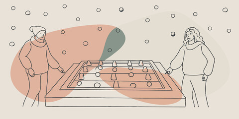 Friends wear winter sweaters their rosy from both the chilly outside air and the excitement of competition between turns.