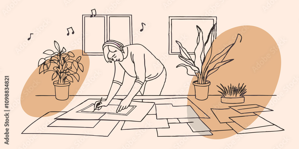 Poster in a serene room filled with potted plants an individual leans over a cluttered table creating intri