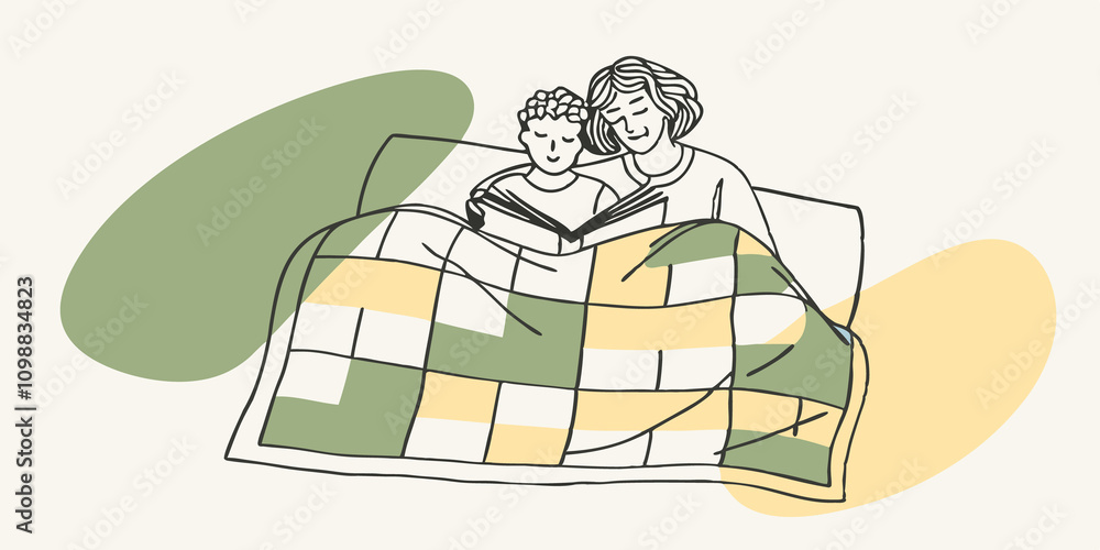 Poster in a softly lit bedroom a parent and child curl up together their favorite storybook resting on thei