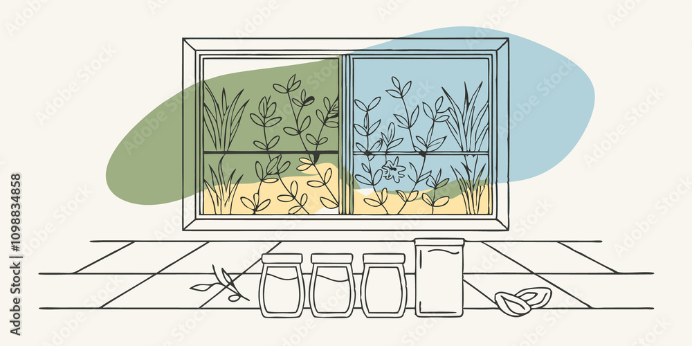 Poster in the background a thriving herb garden peeks through the window its greenery complementing the war