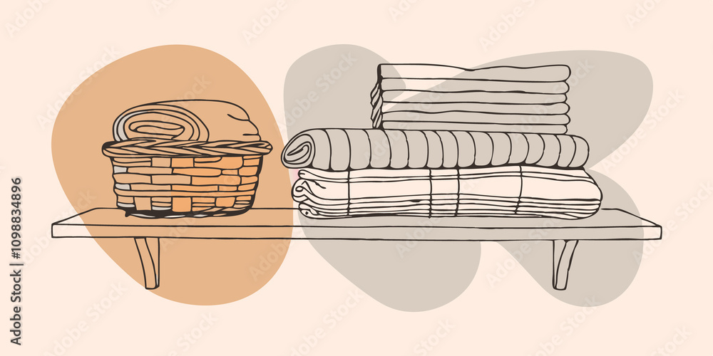 Poster layered textiles in earthy tones line a wide shelf creating a comforting focal point against a backd