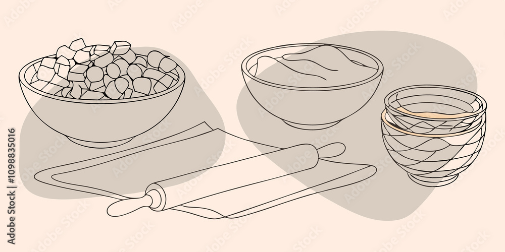 Poster mixing bowls of various sizes cluttered across the counter some filled with diced apples while other
