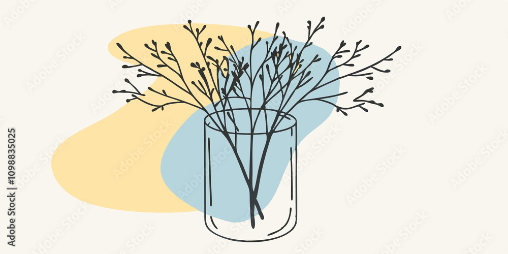 Poster minimalist design featured with a clear cylindrical vase elegantly populated with small clipped bran