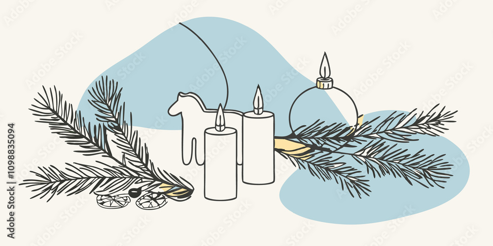 Poster nestled a snowdusted evergreen branches a charming dala horse adds a splash of color to a minimalist