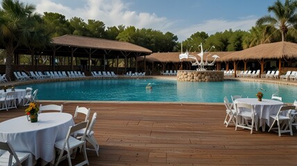 Outdoor pool party setup with tables, chairs, and thatched roof cabanas.