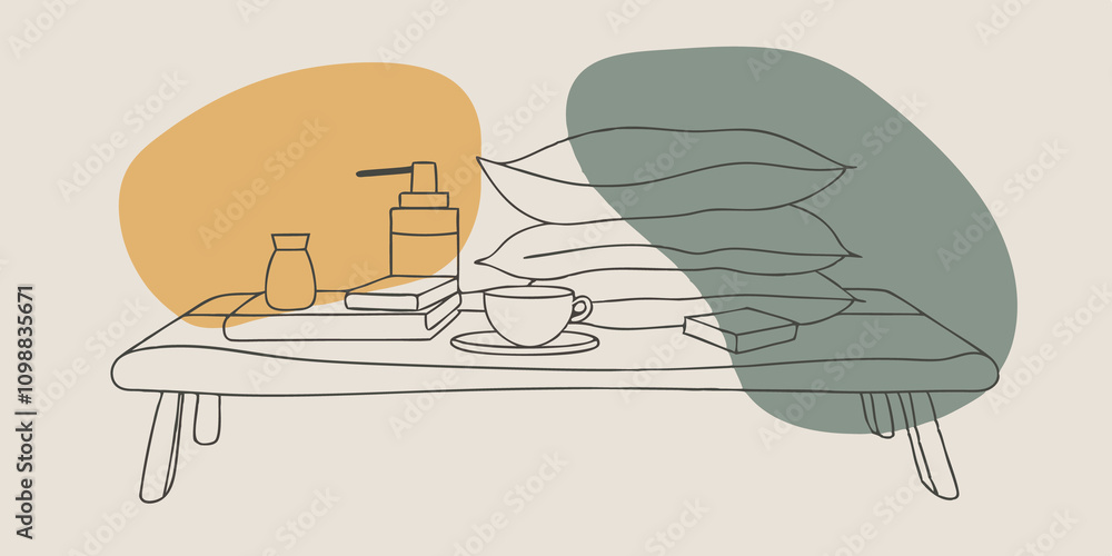 Poster soft cushions arranged around a low table adorned with a selection of beauty products and a warm dri