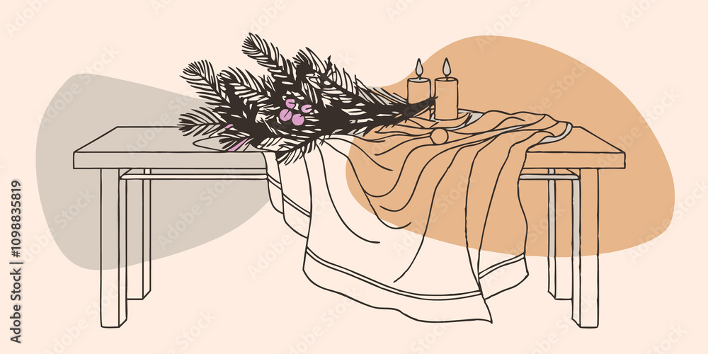 Poster soft white fabric is draped across the table complementing a compact of vibrant green boughs invitin