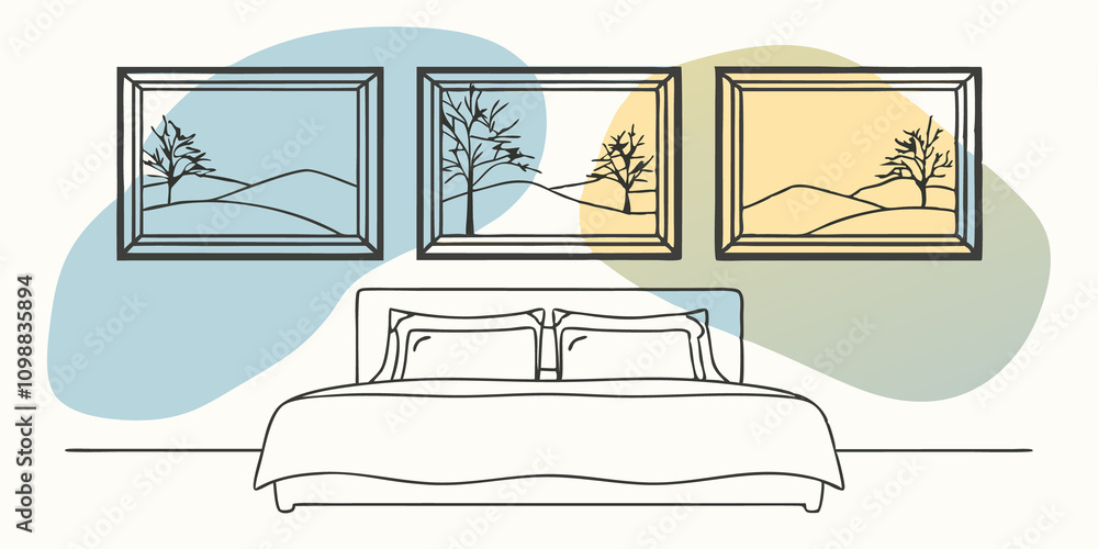 Poster subtle art prints featuring abstract winter scenes hang gently above the bed adding visual interest 