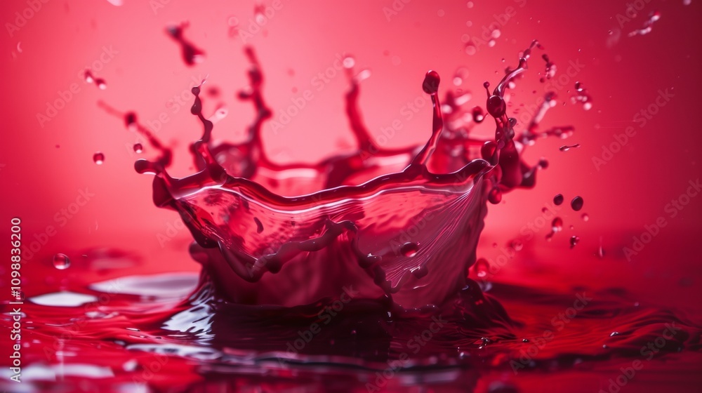 Poster dynamic splash of red liquid captured in motion against a red background