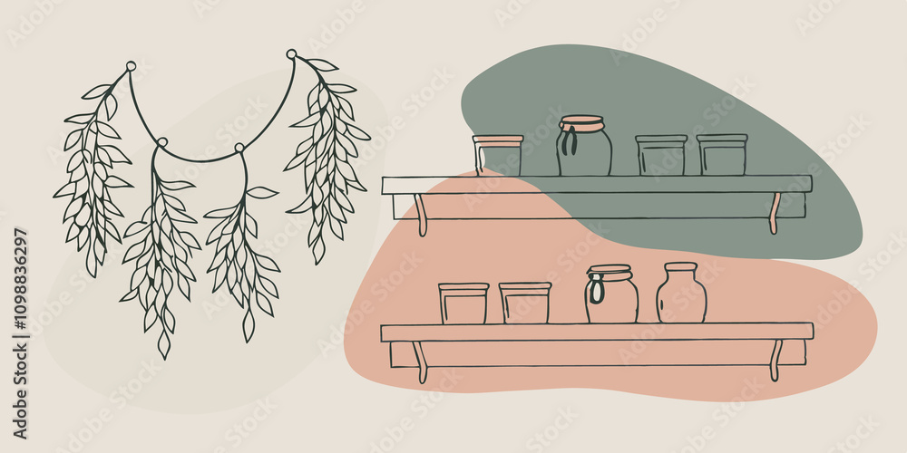 Poster the walls are adorned with hanging herbs while open shelves display jars of es and simple baking ess