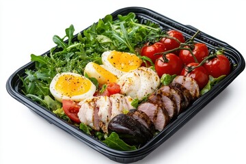 Keto friendly Cobb salad in a plastic container for takeout or delivery on a white backdrop Close up shot