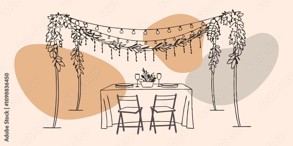Poster twinkling string lights draped above the table creating an inviting ambiance for evening gatherings.