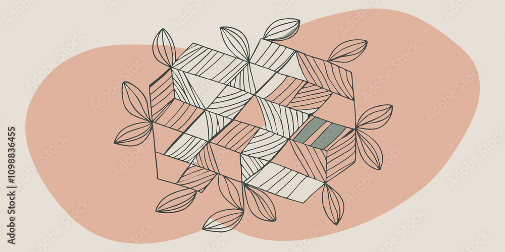 Poster varied geometric patterns interlace with soft solids crafting a visually dynamic yet restful atmosph