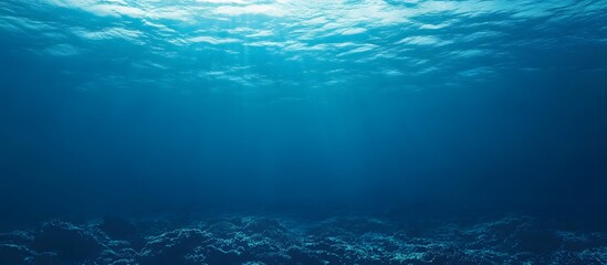Underwater scene showing ocean floor and sunlit surface.