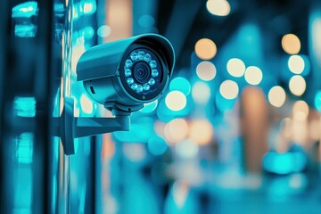 Modern security camera monitoring area in a well-lit urban environment, surrounded by soft bokeh lights creating a futuristic atmosphere.