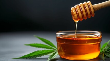 Cannabis-infused honey. A close-up of honey in a jar, with a honey dipper, surrounded by green leaves, creating a natural, organic aesthetic.