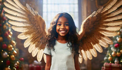 Young African American girl dressed as an angel with golden wings smiles in a festive setting,...