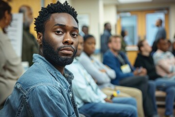 Fototapeta premium A young man with a beard looks intently while seated among others at a community meeting, showcasing engagement and thoughtfulness