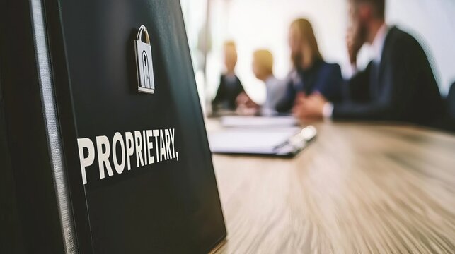 Close-up of a black proprietary folder in a business meeting with blurred people in the background.