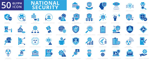 National security icon set with defense, intelligence, surveillance, cyber security, espionage, homeland, counter, resilience, state, attack, nuclear, agency, strategy, and counter terrorism.