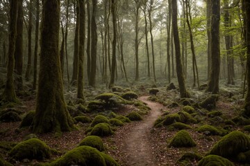 A peaceful forest scene with dense trees and a soft carpet of moss covering the ground. Small mushrooms are scattered throughout the forest floor, nestled among the fallen leaves and ferns.