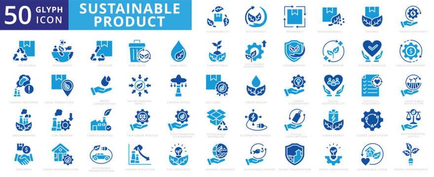 Sustainable product icon set with eco friendly, renewable, biodegradable, organic, efficiency, recyclable, carbon neutral, organic, recycling, greenhouse, biodiversity, zero waste, and conservation