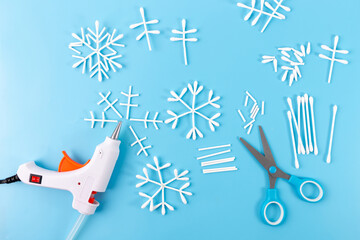 step by step instruction how make Snowflake made from cotton swabs, step in creative process,...