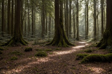 Obraz premium A peaceful forest scene with dense trees and a soft carpet of moss covering the ground. Small mushrooms are scattered throughout the forest floor, nestled among the fallen leaves and ferns.