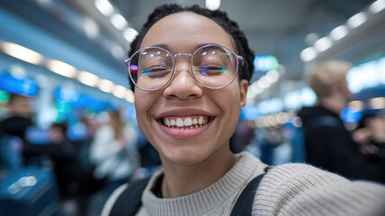 Obraz premium A joyful young Black woman with glasses smiles brightly in a busy airport terminal filled with travelers.