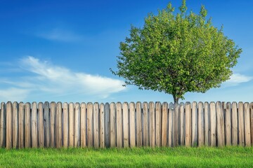 Fototapeta premium Outdoor scene with a wooden barrier a tree and lush grass