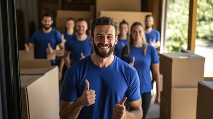 Group of cheerful movers clad in matching blue shirts displaying thumbs up while standing among numerous cardboard boxes ready for relocation