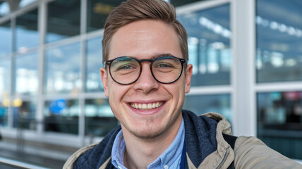 Obraz premium Smiling young Caucasian man in glasses at an airport, showcasing excitement for travel.