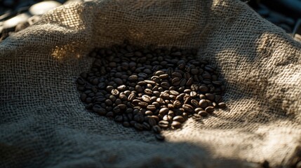 Freshly Roasted Coffee Beans Spread on Natural Burlap, Highlighting Rich Textures and Earthy Tones for an Authentic Coffee Experience