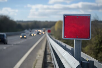 Reflective red sign on a steel guardrail along the highway