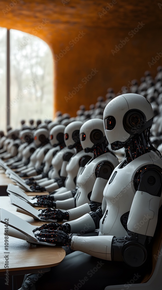 Poster a classroom filled with humanoid robots engaged in learning or training.
