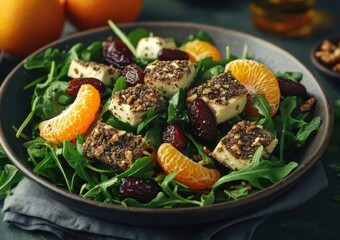 Salad of goat cheese arugula dates oranges walnuts and za atar dressing