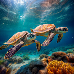 Obraz premium Two Sea Turtles Glide Through a Vibrant Coral Reef