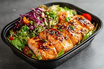 Salmon salad and Mediterranean dishes Paleo keto FODMAP DASH diets steamed fish teriyaki healthy gluten and lectin free Side view